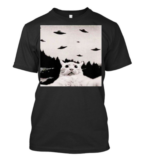 Cat Taking A Selfie UFOs Black And White Forest Background T-Shirt