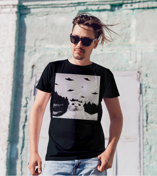 Cat Taking A Selfie UFOs Black And White Forest Background T-Shirt