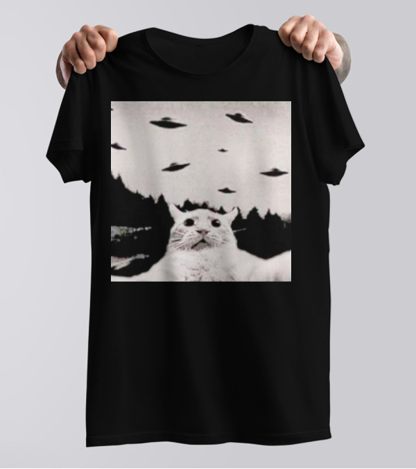 Cat Taking A Selfie UFOs Black And White Forest Background T-Shirt