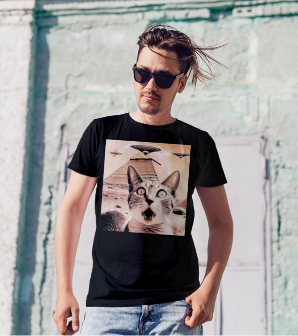 Funny Cat UFO Encounter At Egypt Pyramids T-Shirt