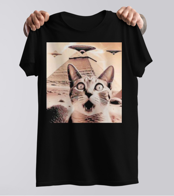 Funny Cat UFO Encounter At Egypt Pyramids T-Shirt