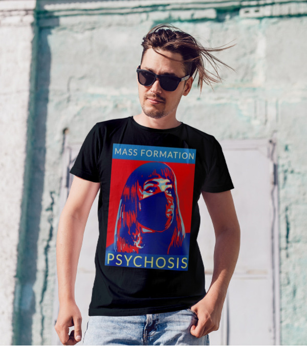 MASS FORMATION PSYCHOSIS Masked Portrait In Red And Blue T-Shirt