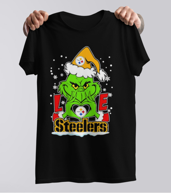 The Grinch Santa Hat Love Pittsburgh Steelers Logo Snowflakes T-Shirt