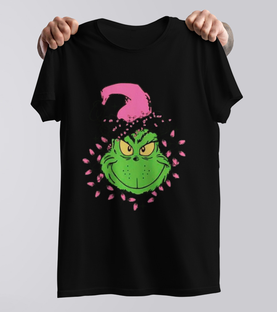 Grinch In Pink Santa Hat With Pink Christmas Lights T-Shirt