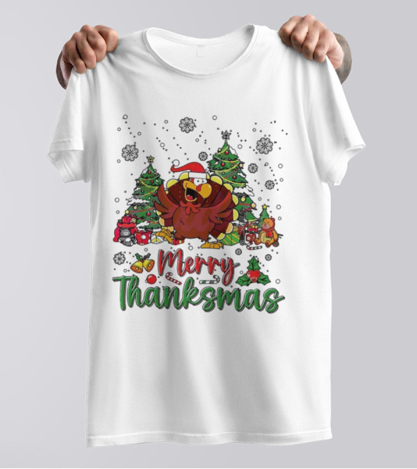 Merry Thanksmas Funny Turkey Santa Hat Christmas Trees T-Shirt