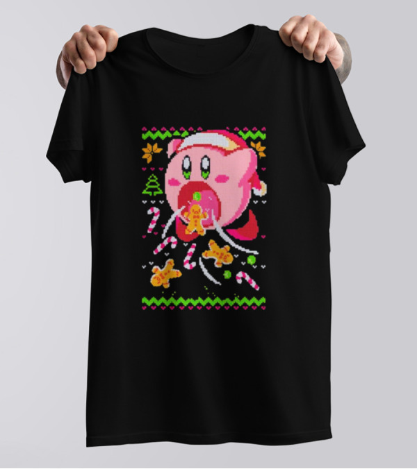 Kirby Santa Hat Eating Gingerbread Candy Canes Holiday T-Shirt