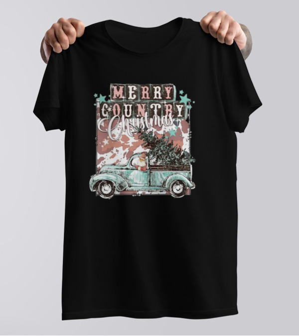 Merry Country Christmas Santa Truck With Tree T-Shirt