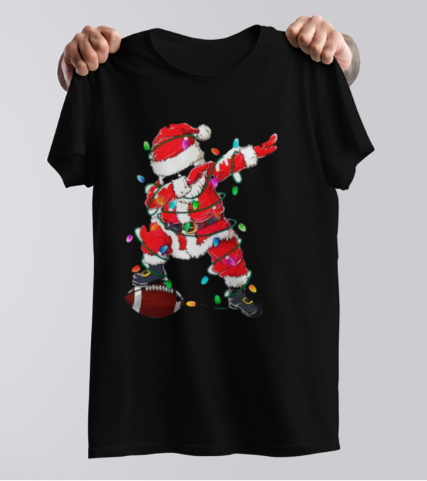 Santa Dabbing With Christmas Lights And Football T-Shirt