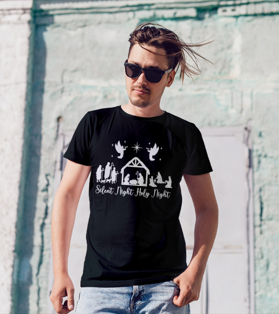 Silent Night Holy Night Nativity Scene With Angels And Star T-Shirt