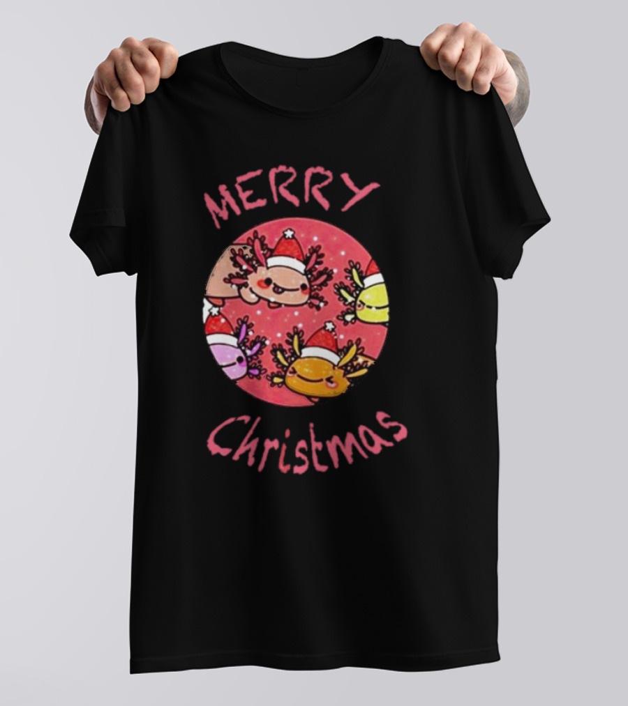 Merry Christmas Axolotl With Santa Hat T-Shirt