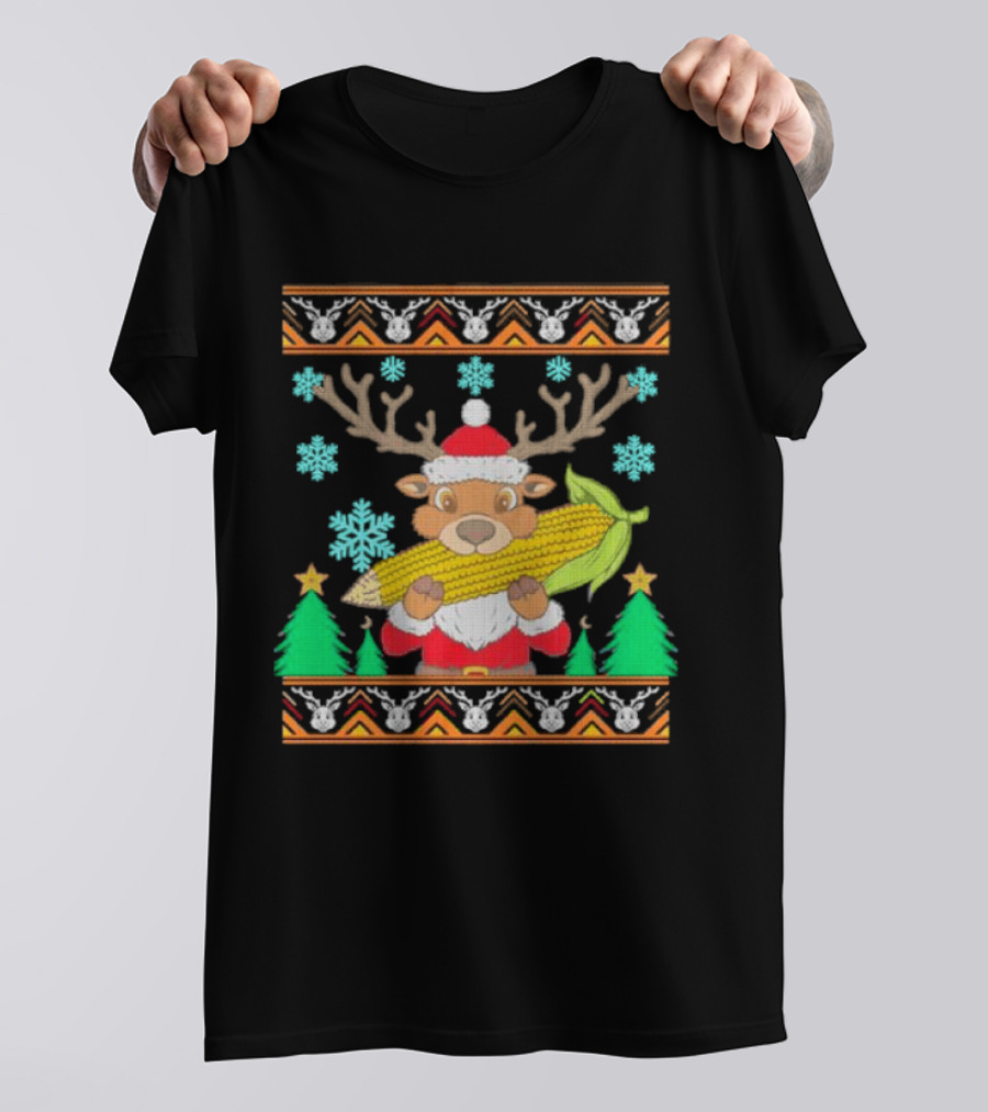 Reindeer Holding Corn With Snowflakes And Trees Christmas T-Shirt