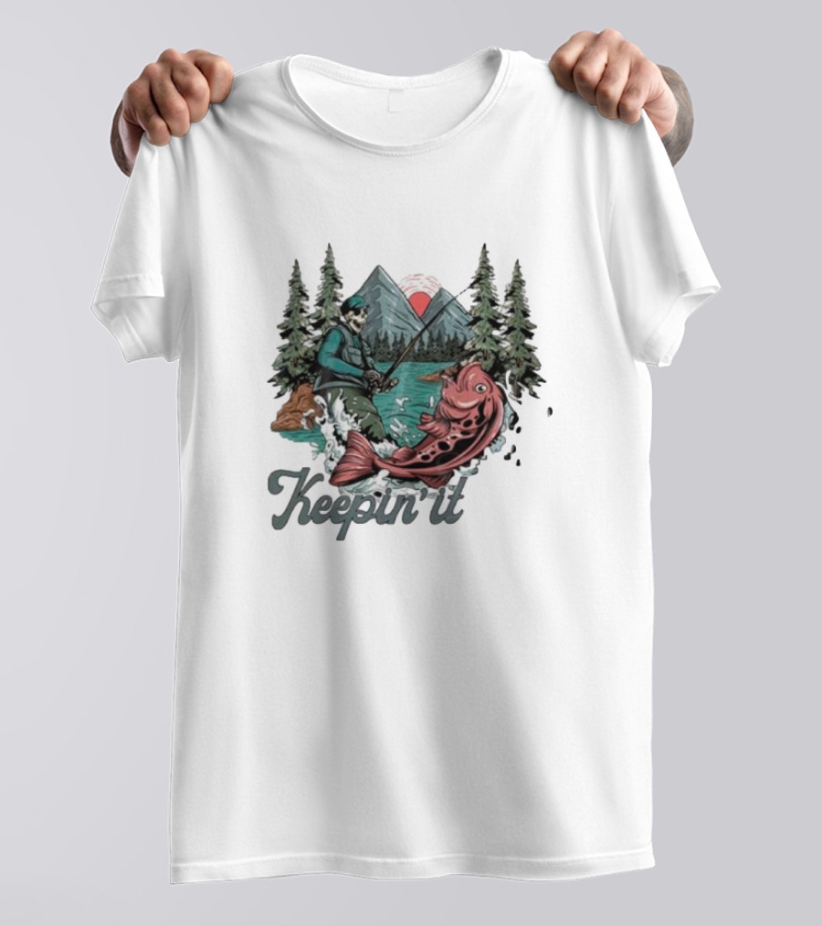 Keepin' It Reel Skeleton Fishing Adventure With Giant Fish And Mountain Lake Scene T-Shirt