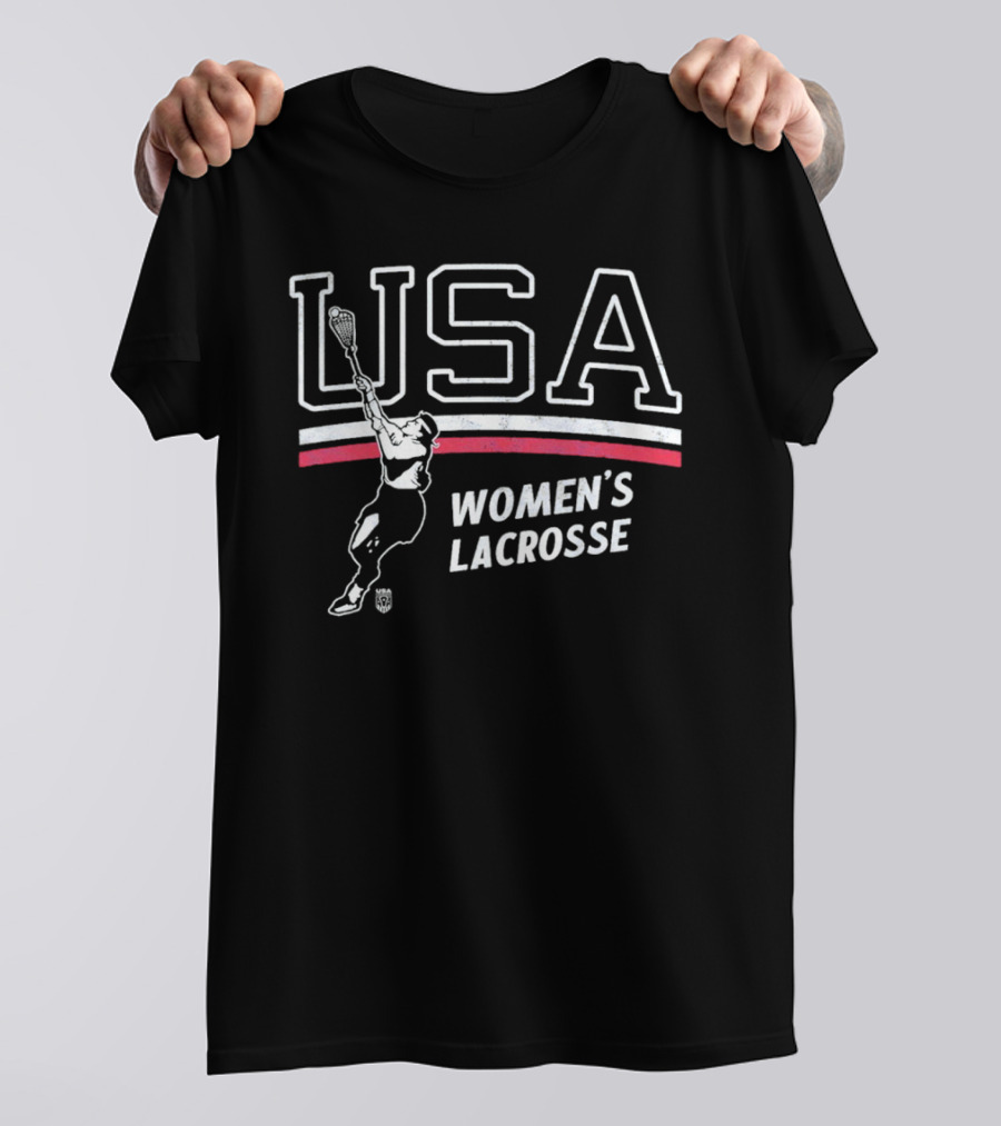 USA Women's Lacrosse Athletic Graphic With Player And Red White Stripes T-Shirt