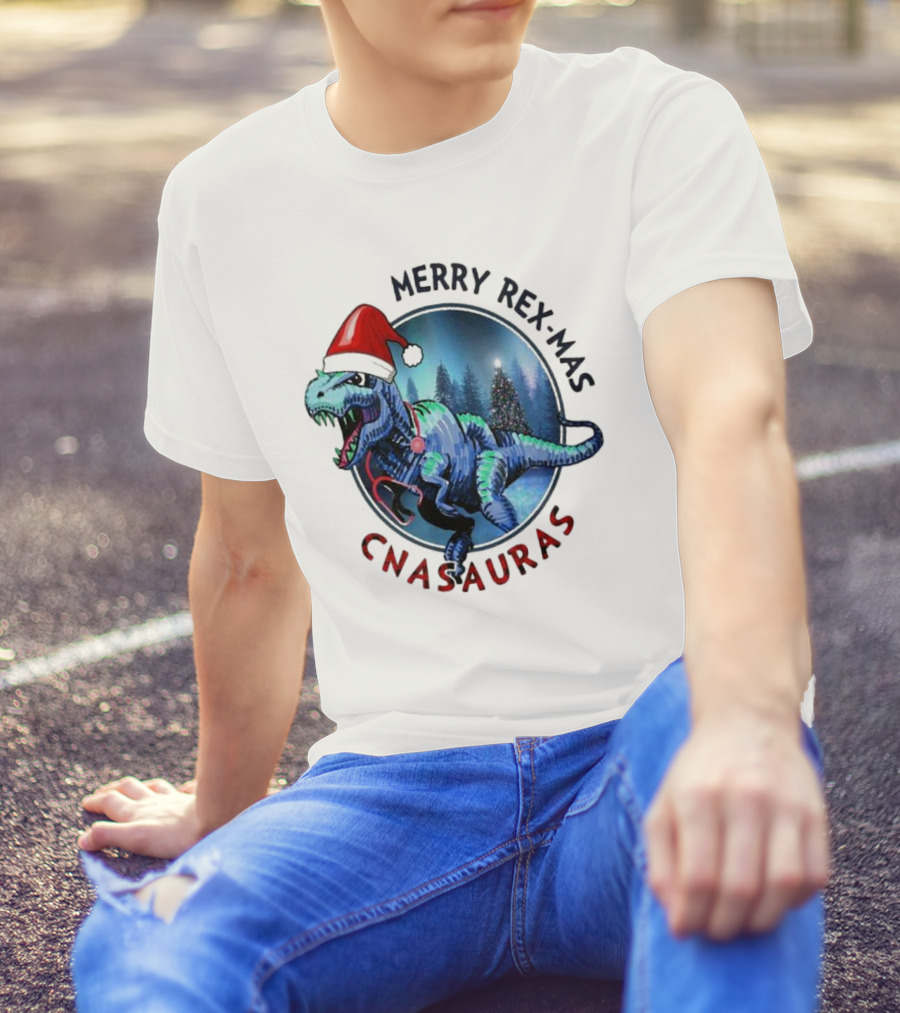Merry Rex-mas CNAauras Santa Hat Dinosaur Christmas Tree Forest T-Shirt