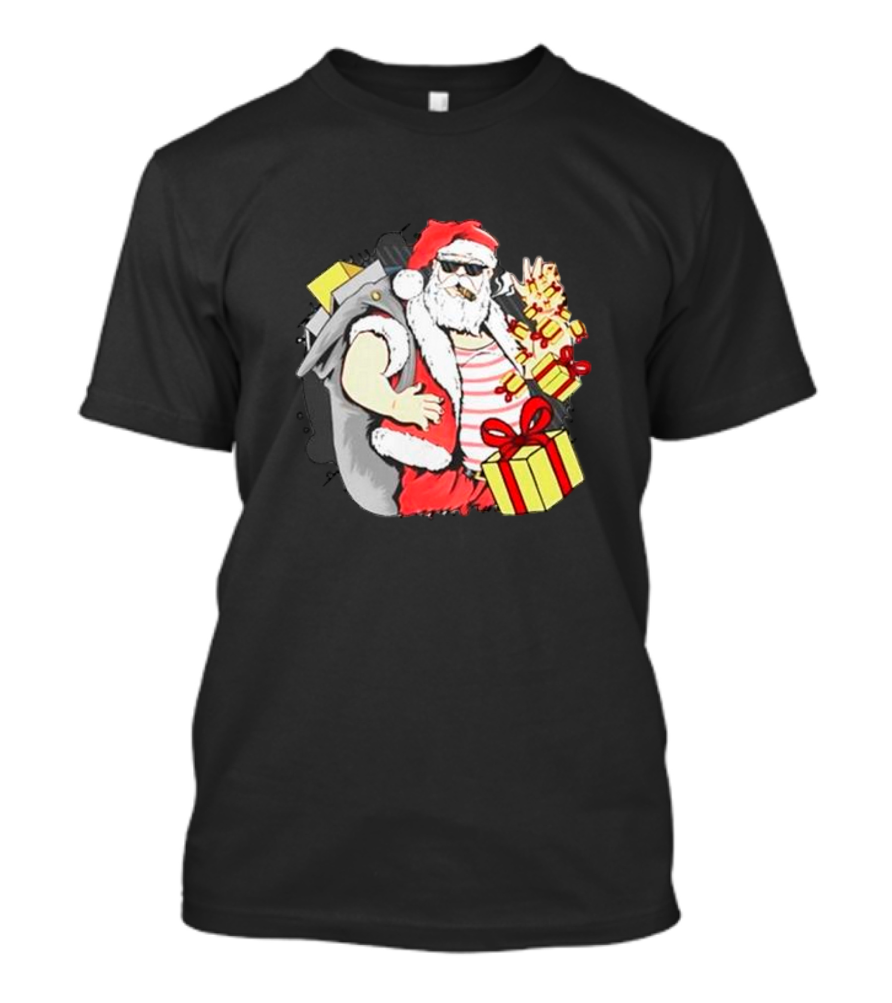 Santa Claus Cool Sunglasses Carrying Christmas Gifts T-Shirt