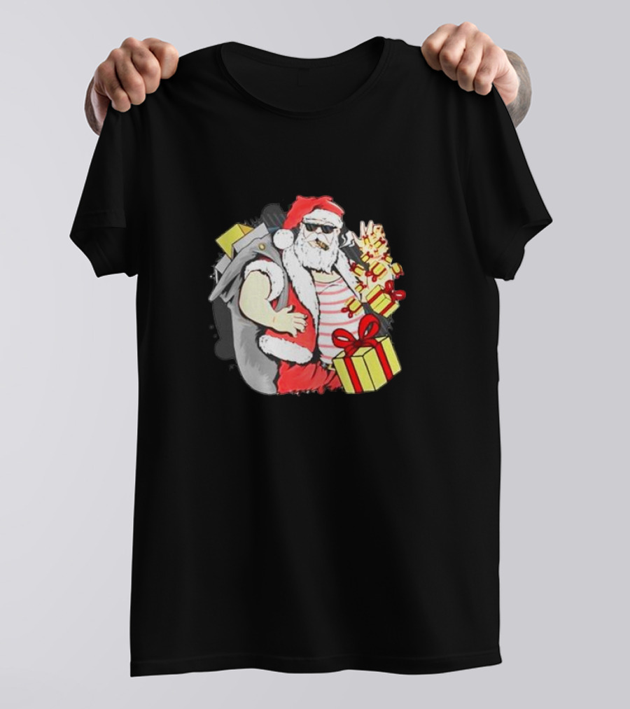 Santa Claus Cool Sunglasses Carrying Christmas Gifts T-Shirt