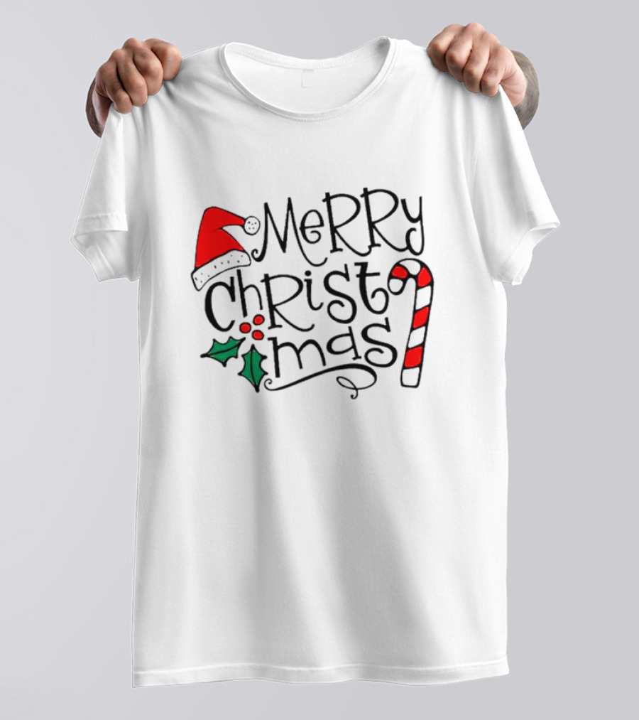 Merry Christmas Santa Hat And Candy Cane T-Shirt