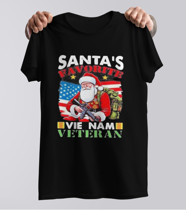 Santa's Favorite Vietnam Veteran With American Flag And Santa Claus Holding Military Gear T-Shirt