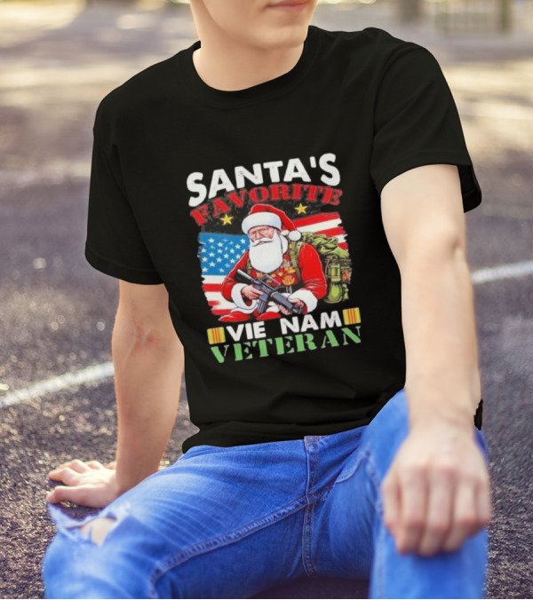 Santa's Favorite Vietnam Veteran With American Flag And Santa Claus Holding Military Gear T-Shirt