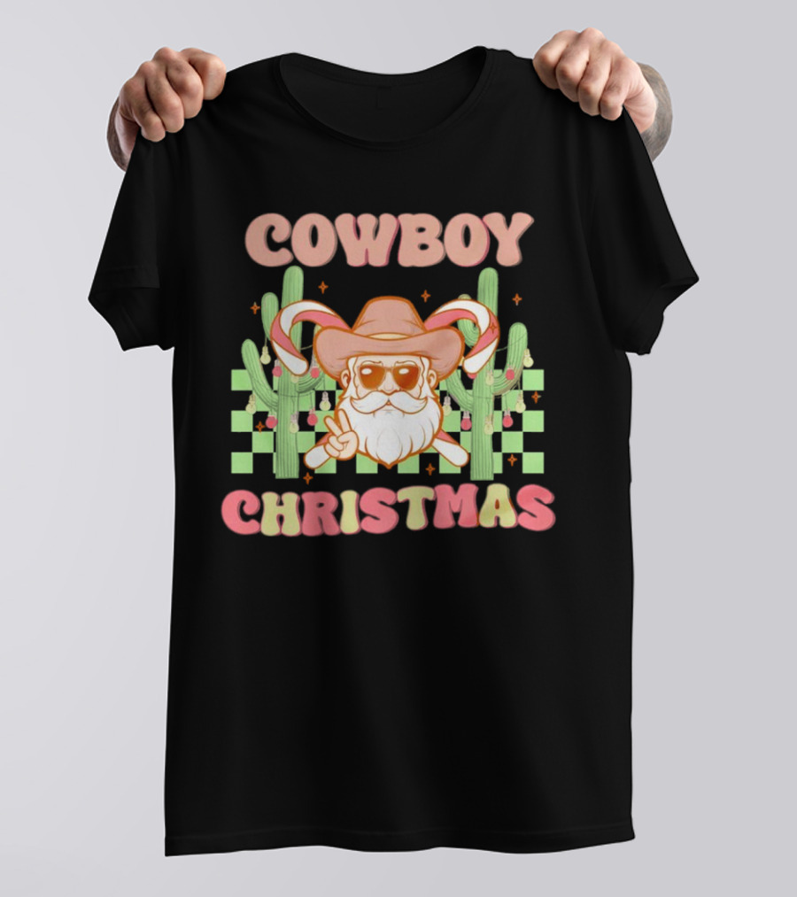 Cowboy Christmas Santa With Candy Cane And Cactus T-Shirt