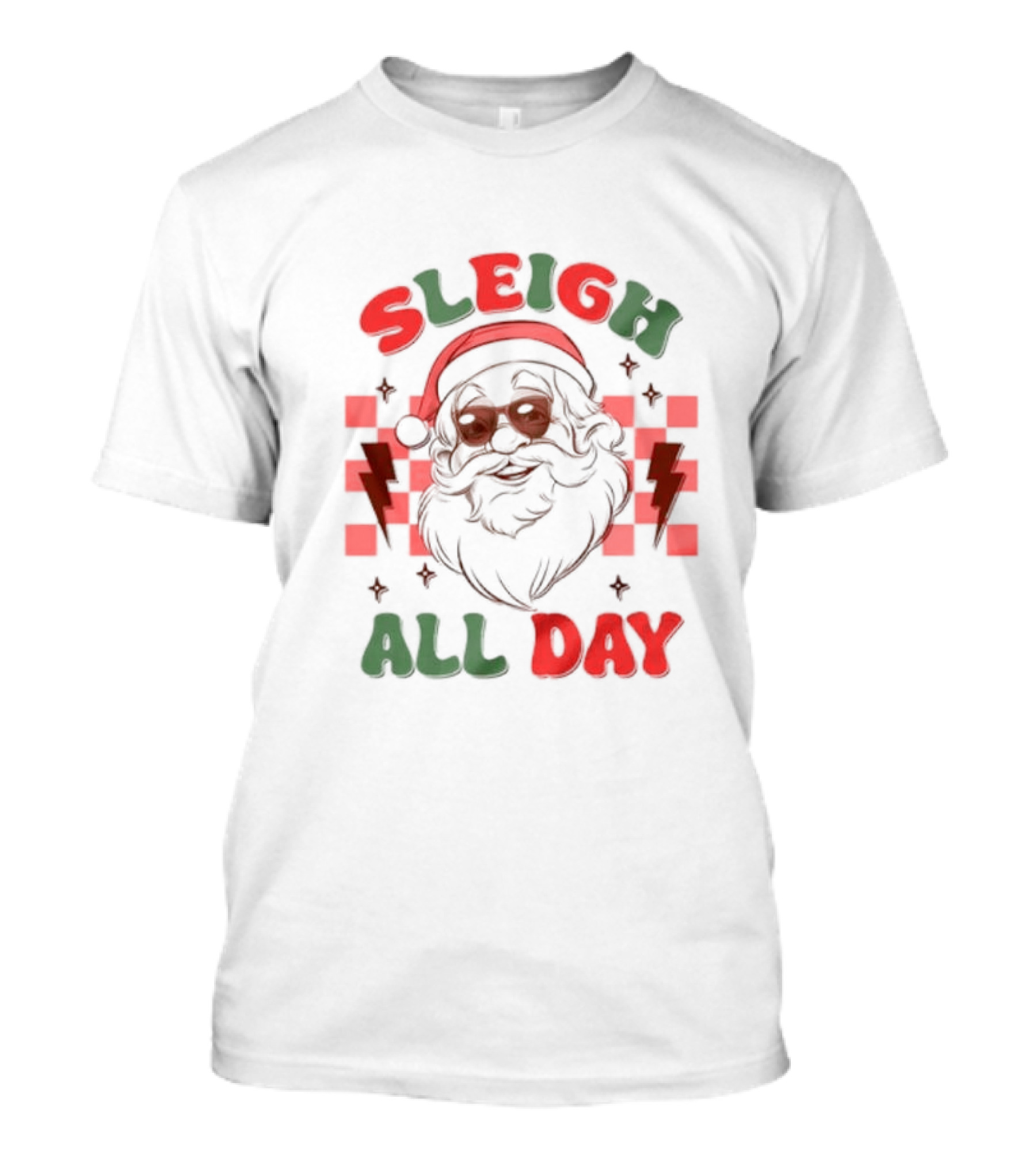Sleigh All Day Funny Santa Christmas Plaid Lightning T-Shirt