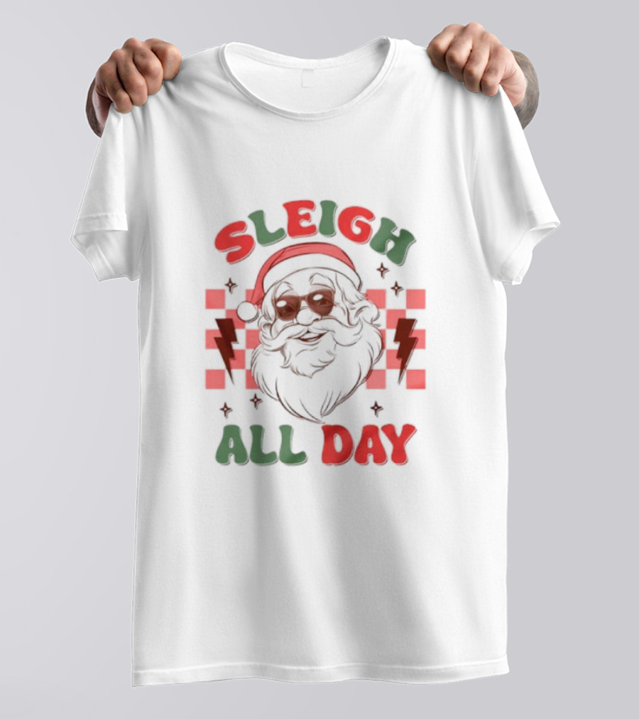 Sleigh All Day Funny Santa Christmas Plaid Lightning T-Shirt