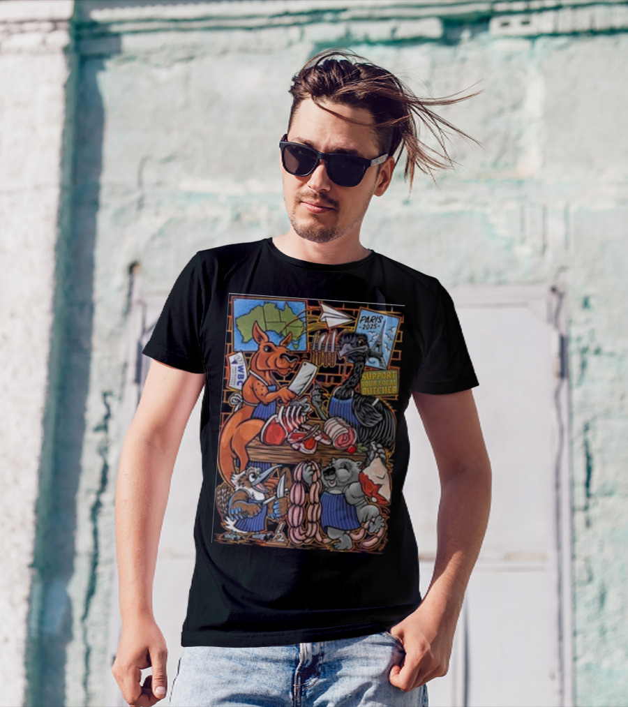 Paris 2025 Support Your Local Butcher Australian Animals Butchery Scene T-Shirt