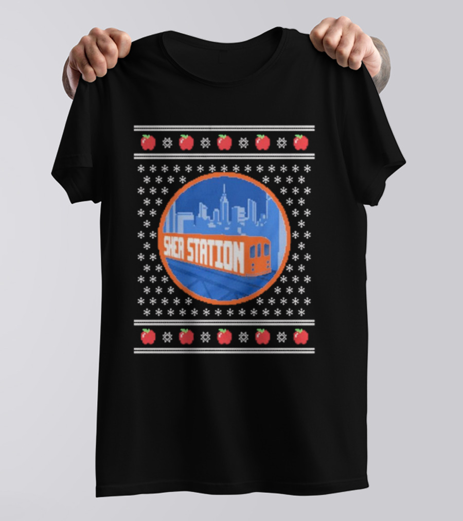Shea Station New York Skyline Subway Snowflakes Apples T-Shirt