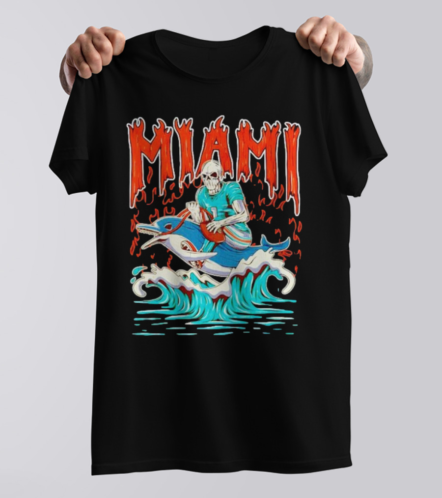 MIAMI Skeleton Riding Dolphin With Football And Flames T-Shirt