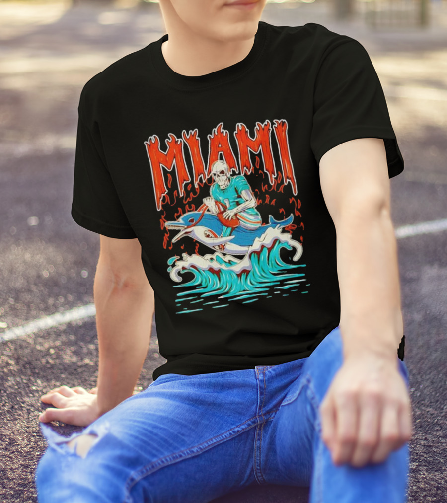 MIAMI Skeleton Riding Dolphin With Football And Flames T-Shirt