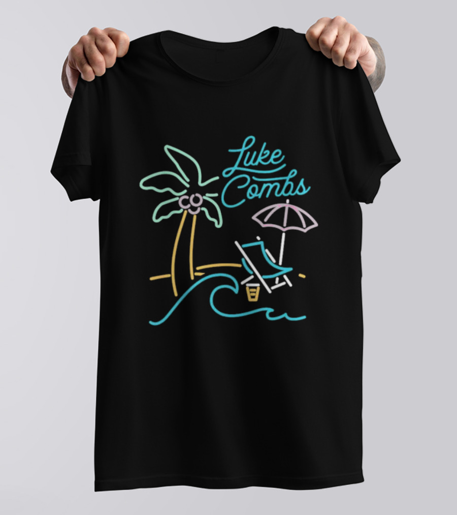 Luke Combs Neon Palm Tree Beach Scene With Umbrella And Chair T-Shirt