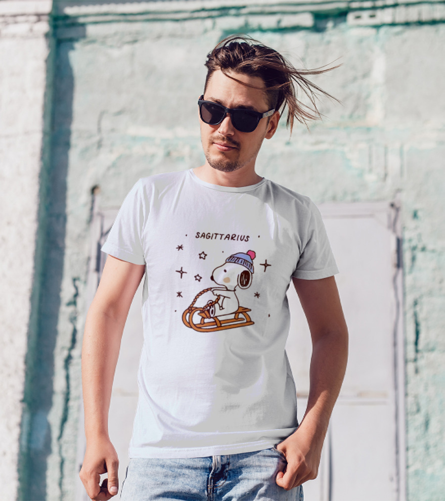 Sagittarius Snoopy Sledding In Winter Stars T-Shirt