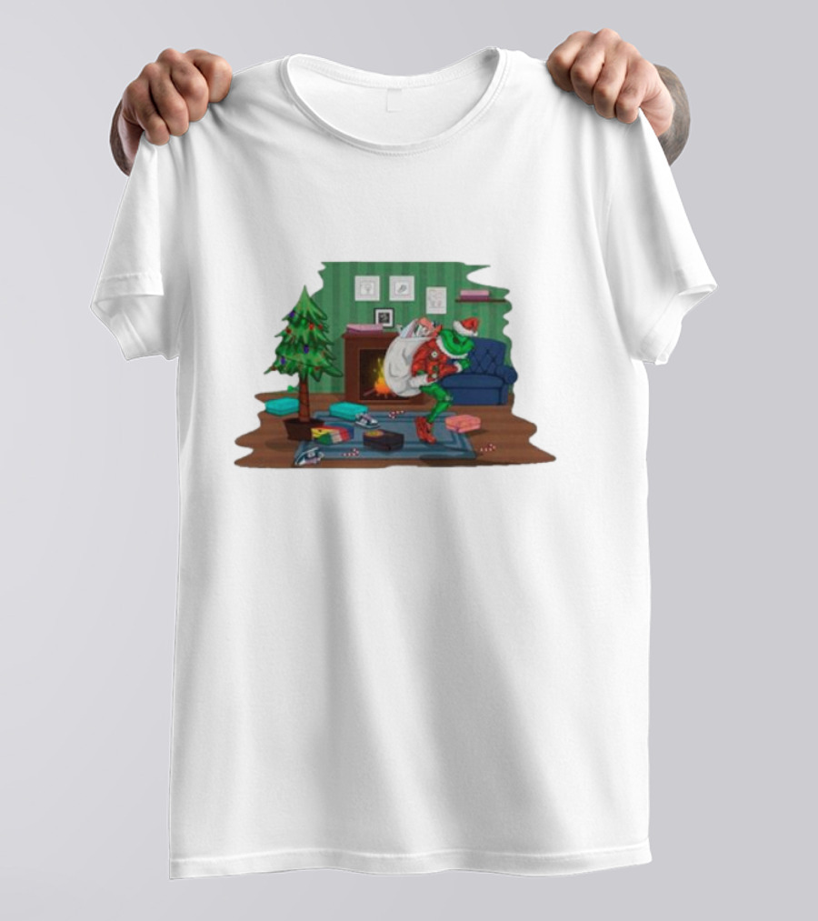 Grinch In Santa Outfit Stealing Presents By The Christmas Tree T-Shirt