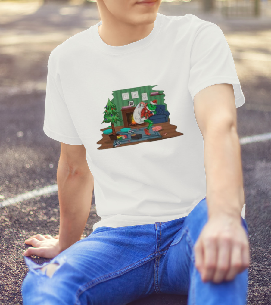 Grinch In Santa Outfit Stealing Presents By The Christmas Tree T-Shirt