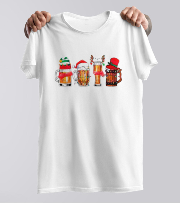 Christmas Beer Mugs Santa Hat And Holiday Decorations T-Shirt