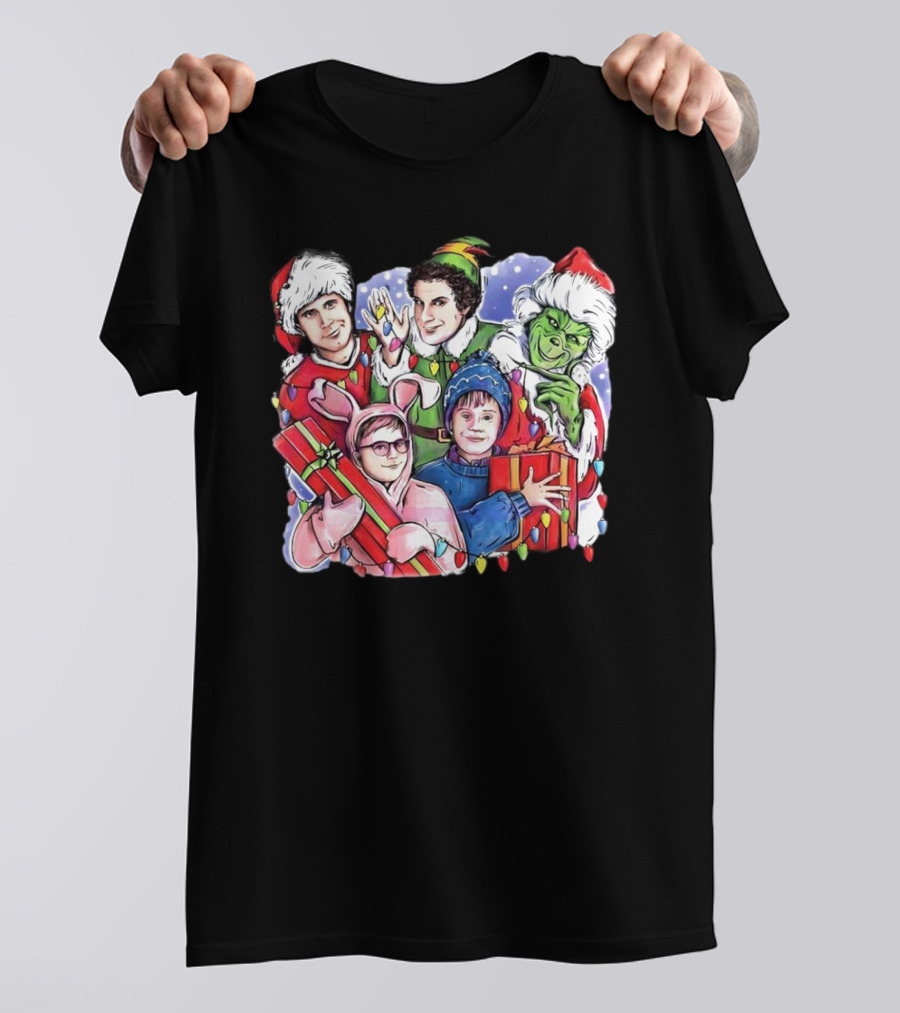 Christmas Friends Movie Character Santa Elf Grinch Pink Bunny T-Shirt