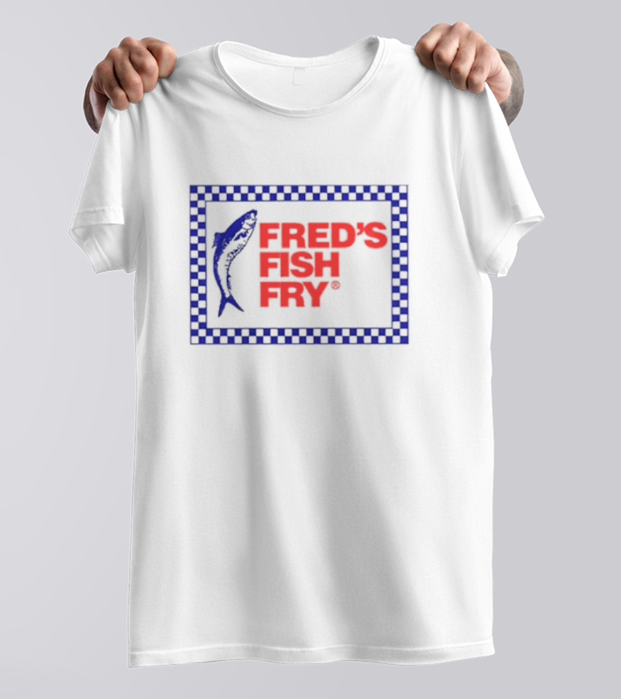 Fred’s Fish Fry Red And Blue Checkered Border With Fish T-Shirt