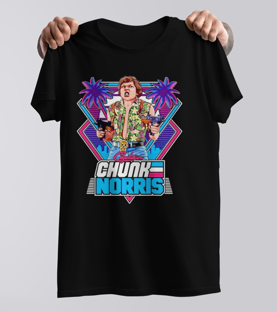 Captain Chunk Norris Retro Miami Vice Styled Character With Dual Pistols And Neon Palm Trees T-Shirt