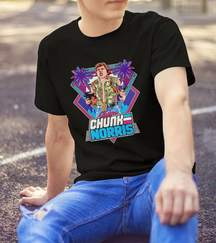 Captain Chunk Norris Retro Miami Vice Styled Character With Dual Pistols And Neon Palm Trees T-Shirt