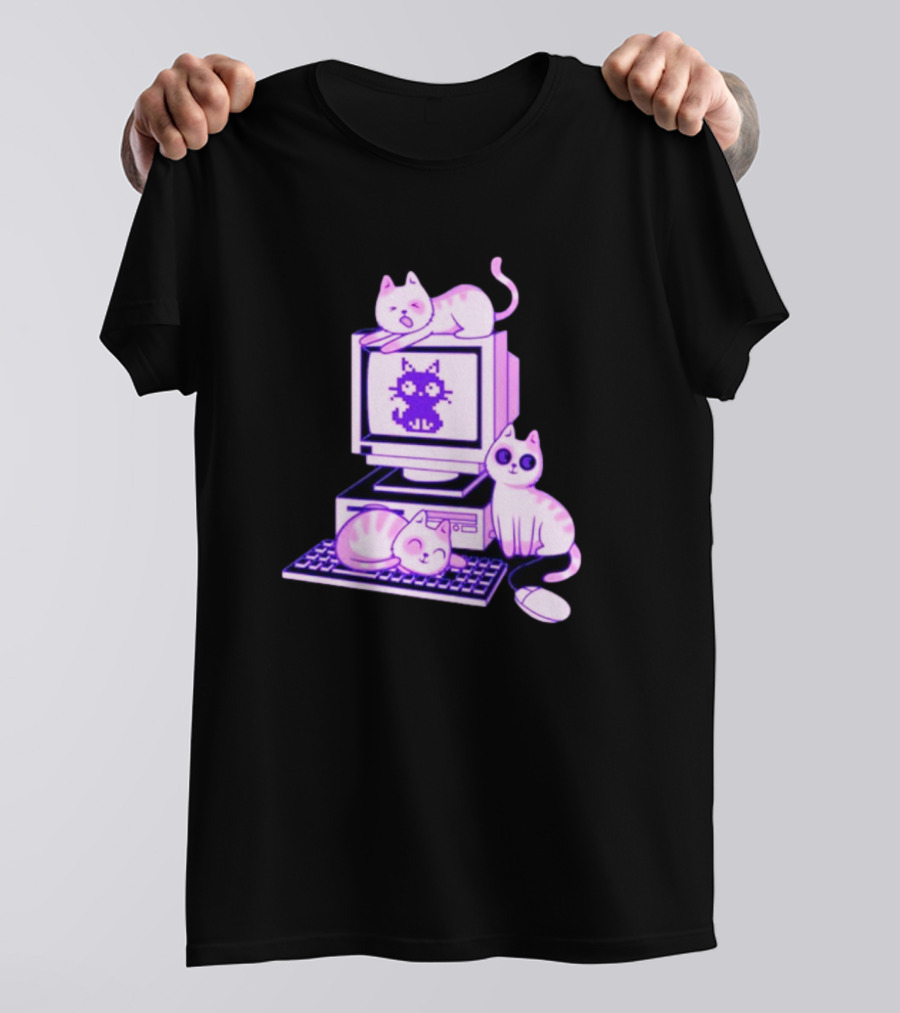 Cats Over Retro Computer With Pixel Art Cat On Screen T-Shirt