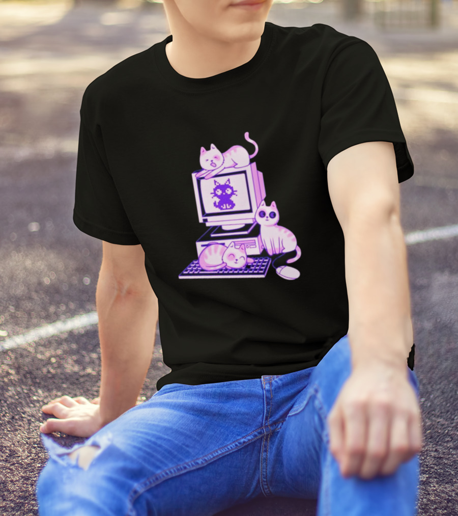 Cats Over Retro Computer With Pixel Art Cat On Screen T-Shirt