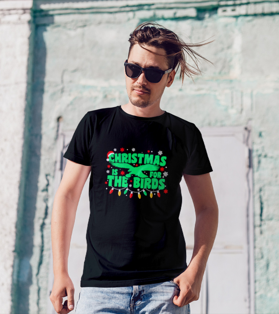 Christmas Is For The Birds Festive Holiday Lights Snowflakes Santa Hat T-Shirt