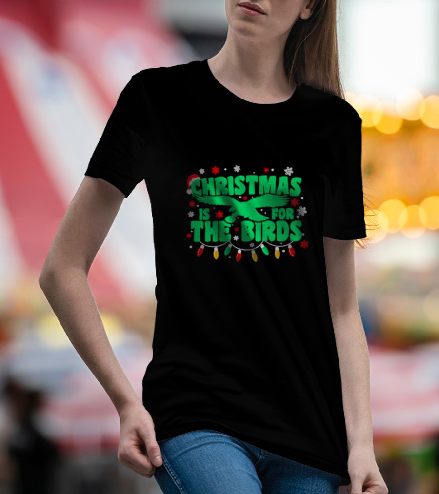 Christmas Is For The Birds Festive Holiday Lights Snowflakes Santa Hat T-Shirt