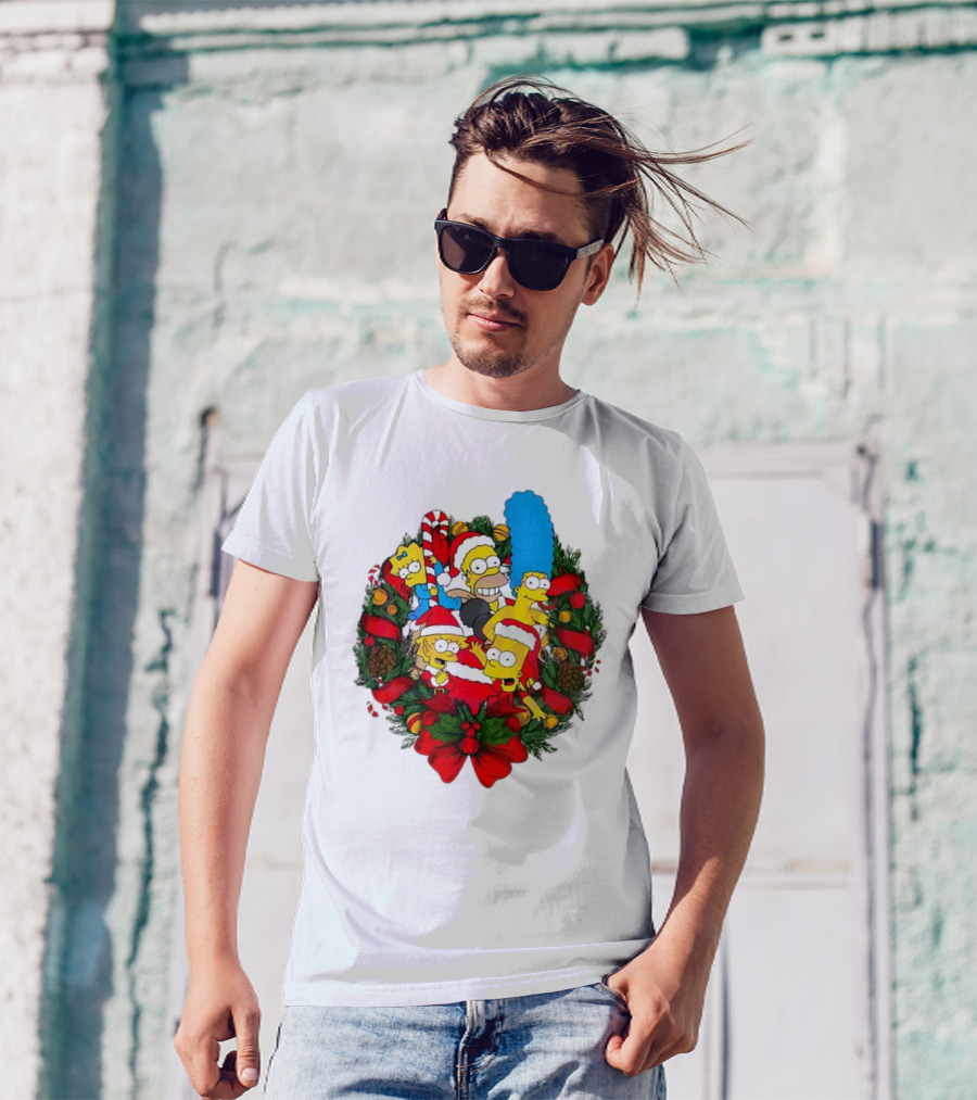 The Simpsons Holiday Wreath With Santa Hats And Candy Canes T-Shirt