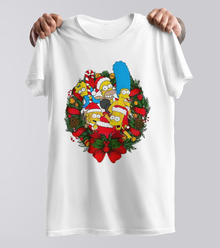 The Simpsons Holiday Wreath With Santa Hats And Candy Canes T-Shirt