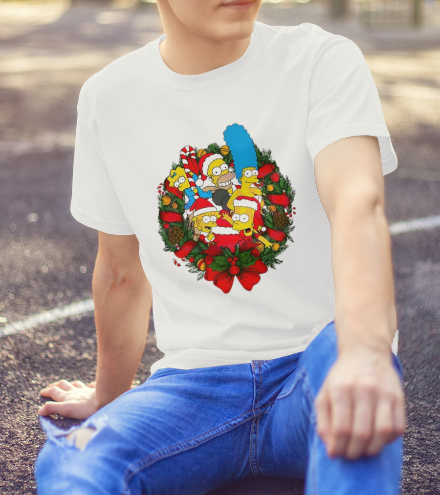 The Simpsons Holiday Wreath With Santa Hats And Candy Canes T-Shirt
