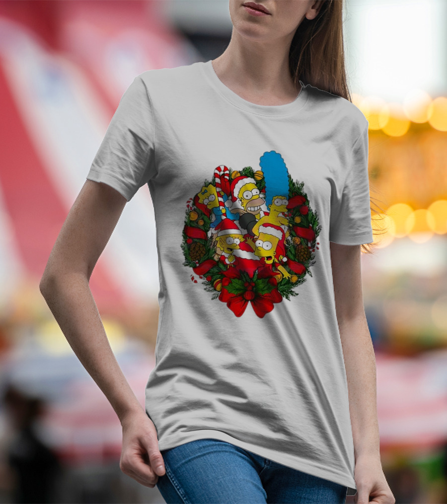 The Simpsons Holiday Wreath With Santa Hats And Candy Canes T-Shirt