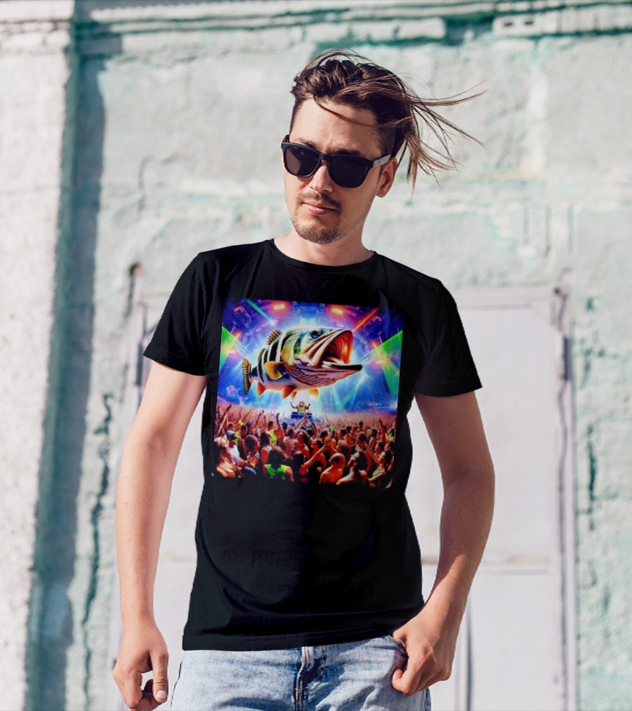 When The Bass Drops With Giant Fish Over Rave Crowd T-Shirt