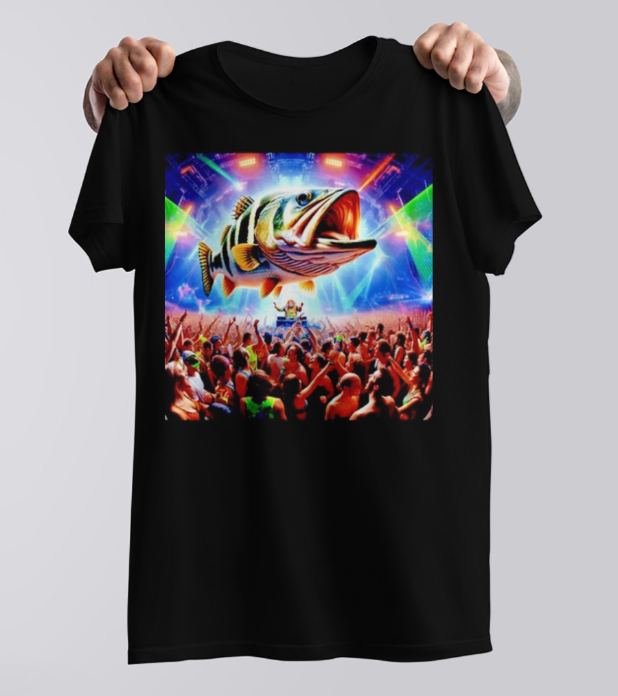 When The Bass Drops With Giant Fish Over Rave Crowd T-Shirt
