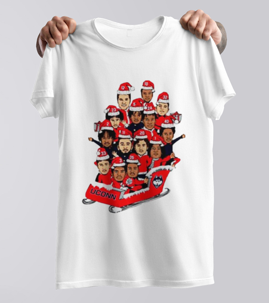 UConn Huskies Christmas Cartoon Sled Team Santa Hats T-Shirt